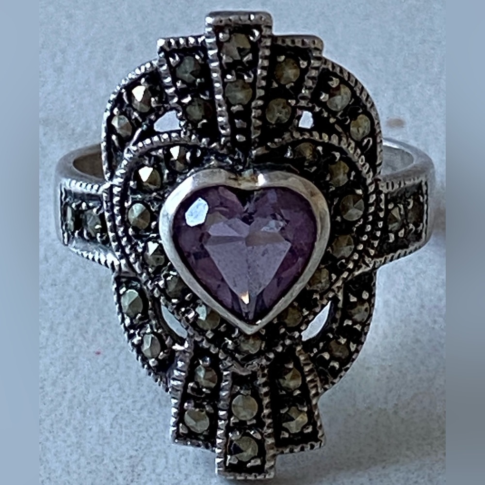 Vintage 925TR Mexico sterling silver amethyst marcasite ring - Picture 6 of 13